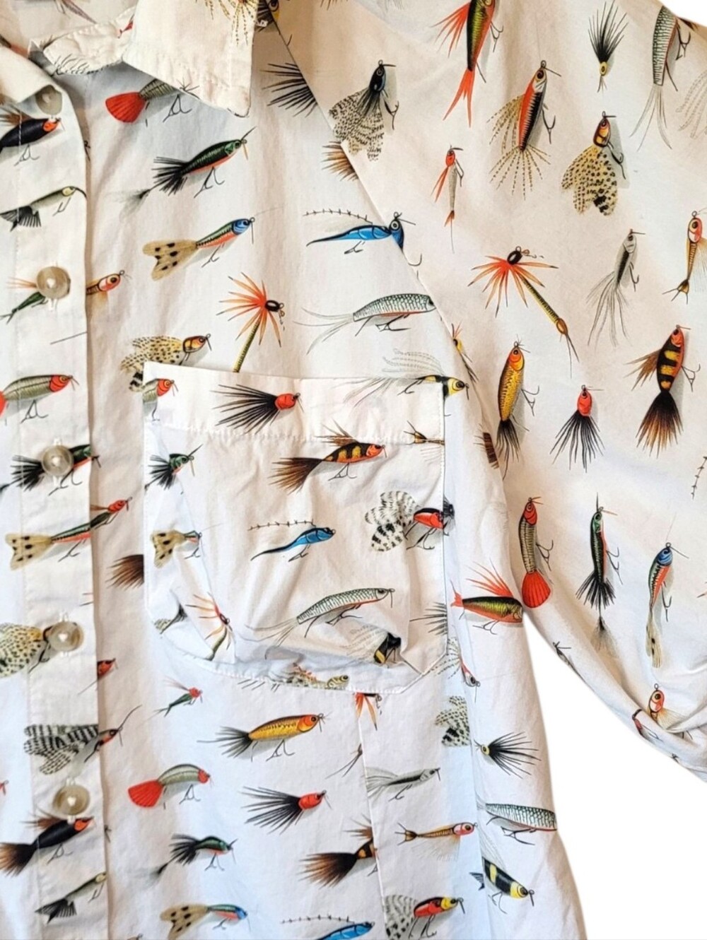 Maeve Cream Short-Sleeve Puff Sleeve Button-Down Shirt with Fishing Fly Print M - Picture 4 of 6